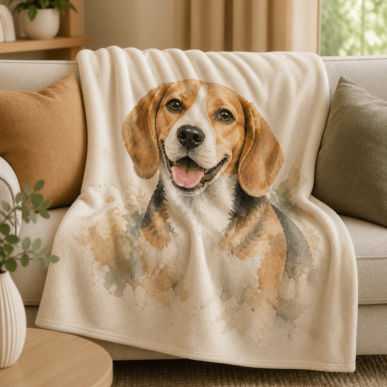 Illustrative Wagly mockup of a soft throw blanket with a watercolor-style pet portrait, draped over a sofa