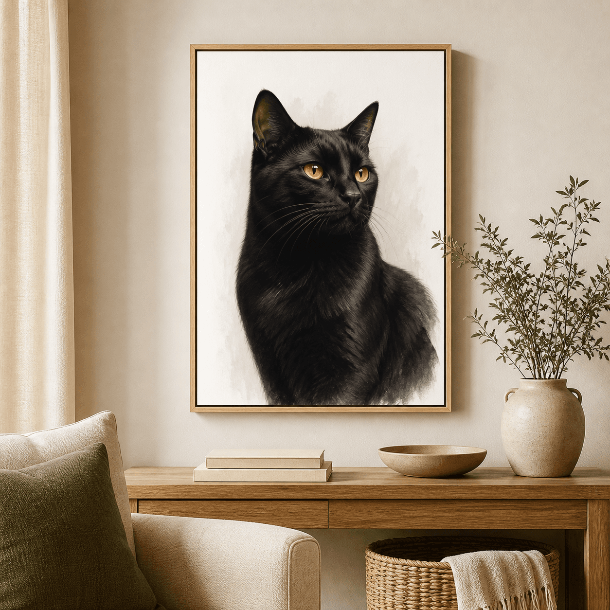 Illustrative Wagly mockup of a framed canvas portrait of a cat hanging above a console table