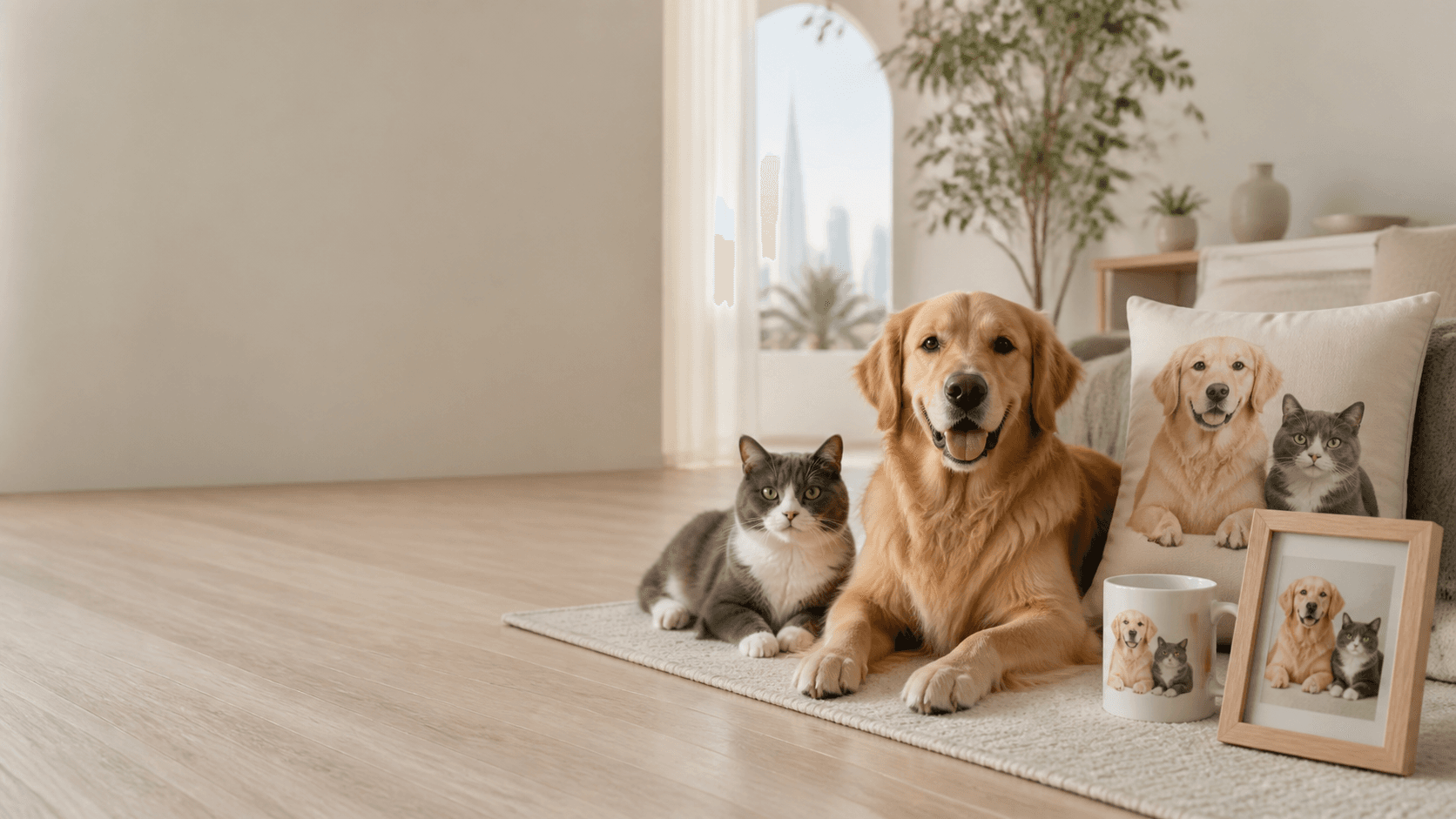 A dog and cat beside personalized Pet Memories keepsakes in a warm home
