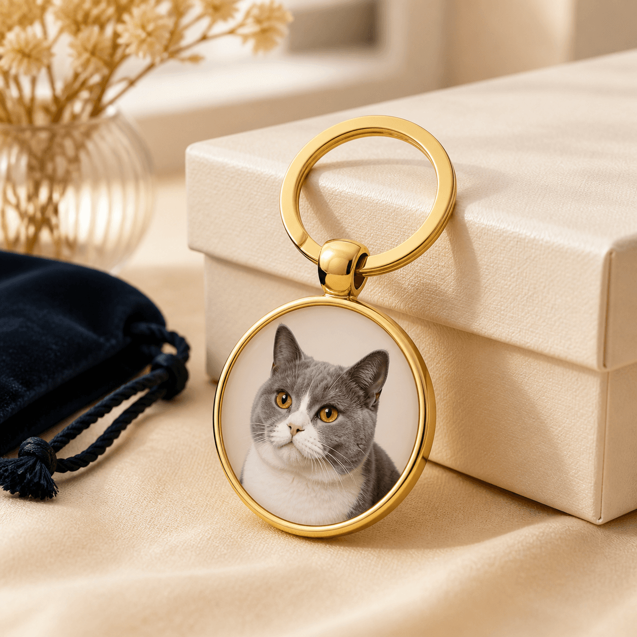Illustrative Wagly mockup of a gold keychain with a circular pet portrait charm, resting on a gift box