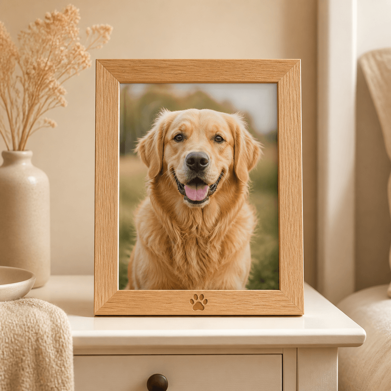 Illustrative Wagly mockup of a wooden picture frame with a paw-print engraving, holding a pet portrait on a nightstand