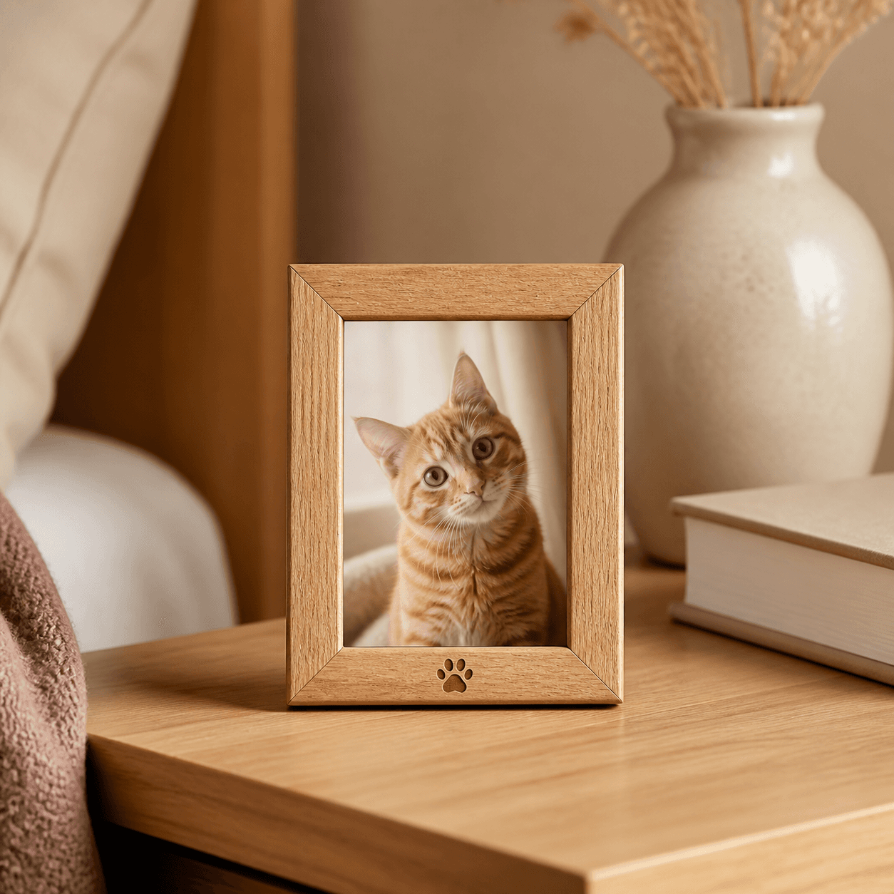 Illustrative Wagly mockup of a small wooden picture frame with a paw-print detail, holding a pet photo on a nightstand