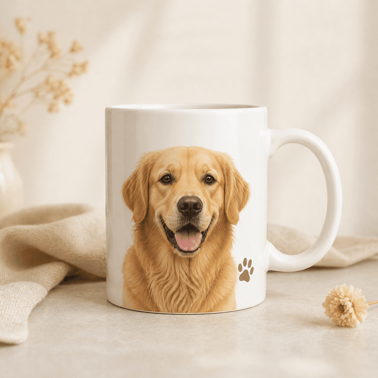 Illustrative Wagly mockup of a white ceramic mug printed with a pet portrait, styled on a beige tabletop