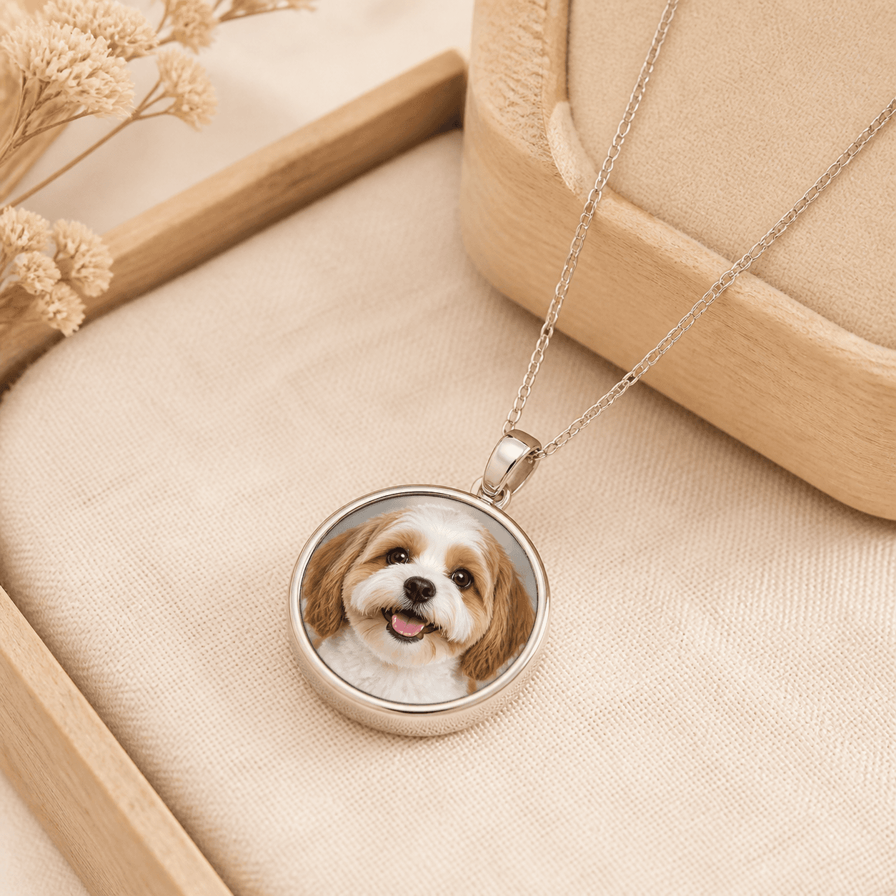 Illustrative Wagly mockup of a silver pendant necklace with a circular pet portrait, on a jewelry stand