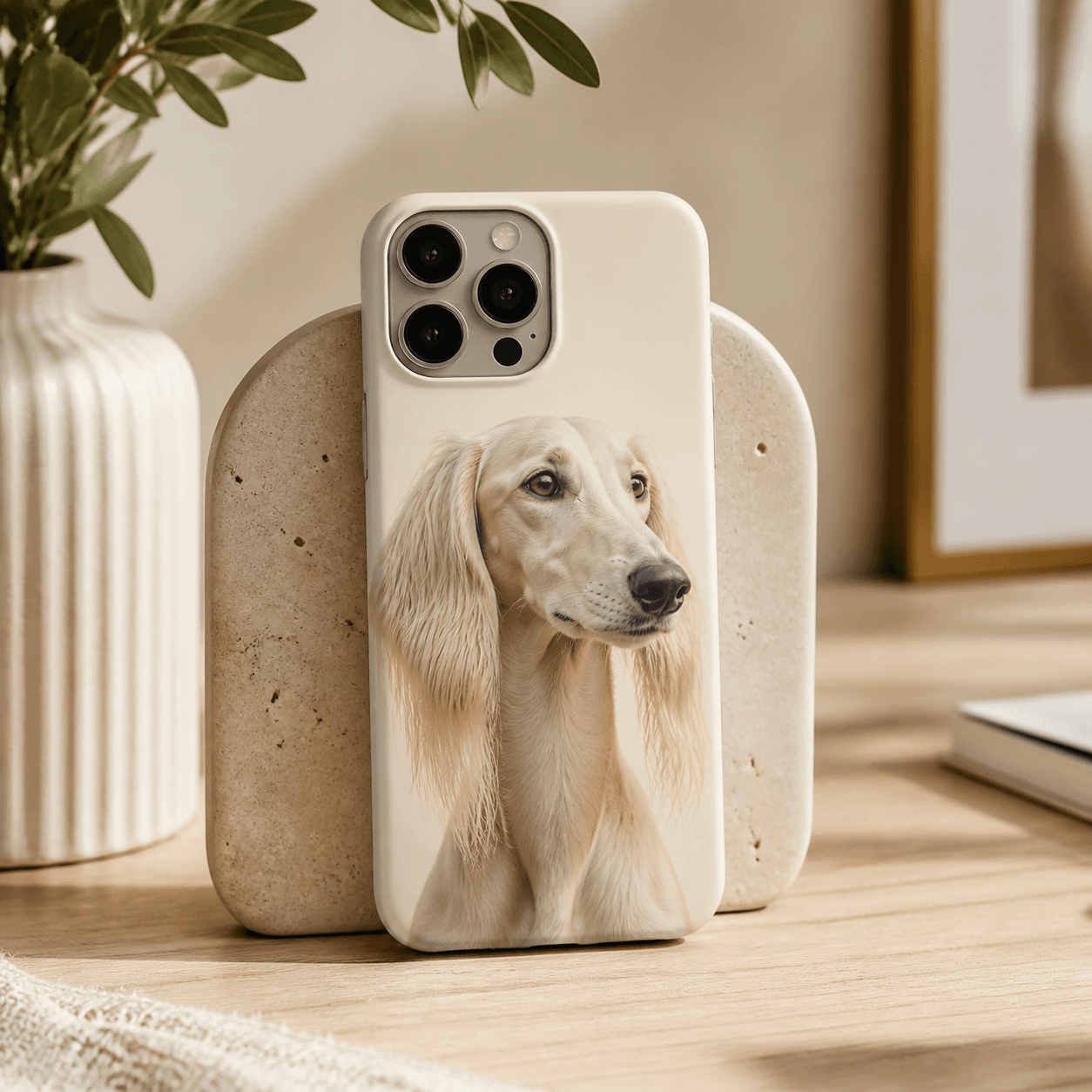 Illustrative Wagly mockup of a phone case printed with a pet portrait, propped on a wooden shelf
