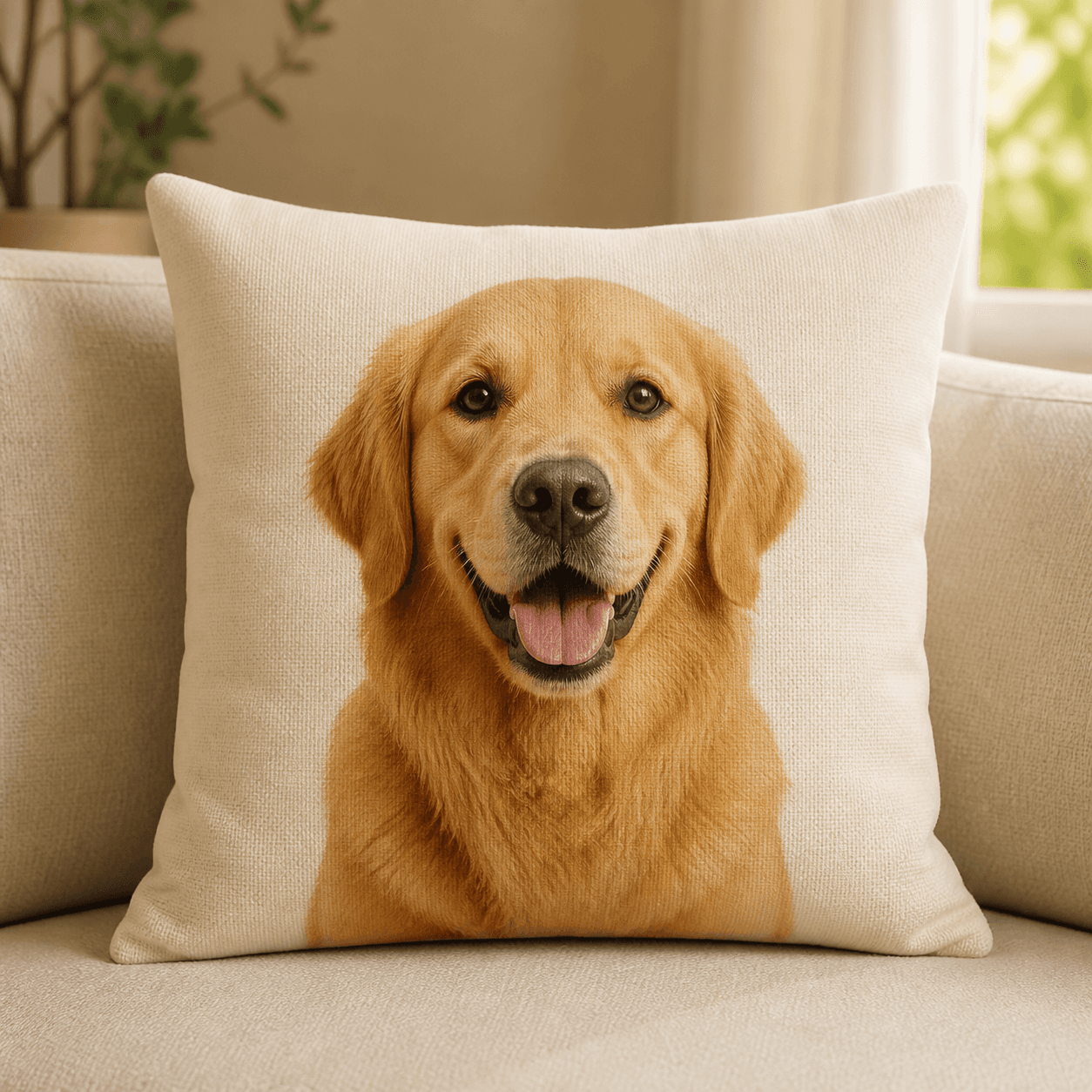 Illustrative Wagly mockup of a linen throw pillow printed with a pet portrait, styled on a living-room sofa