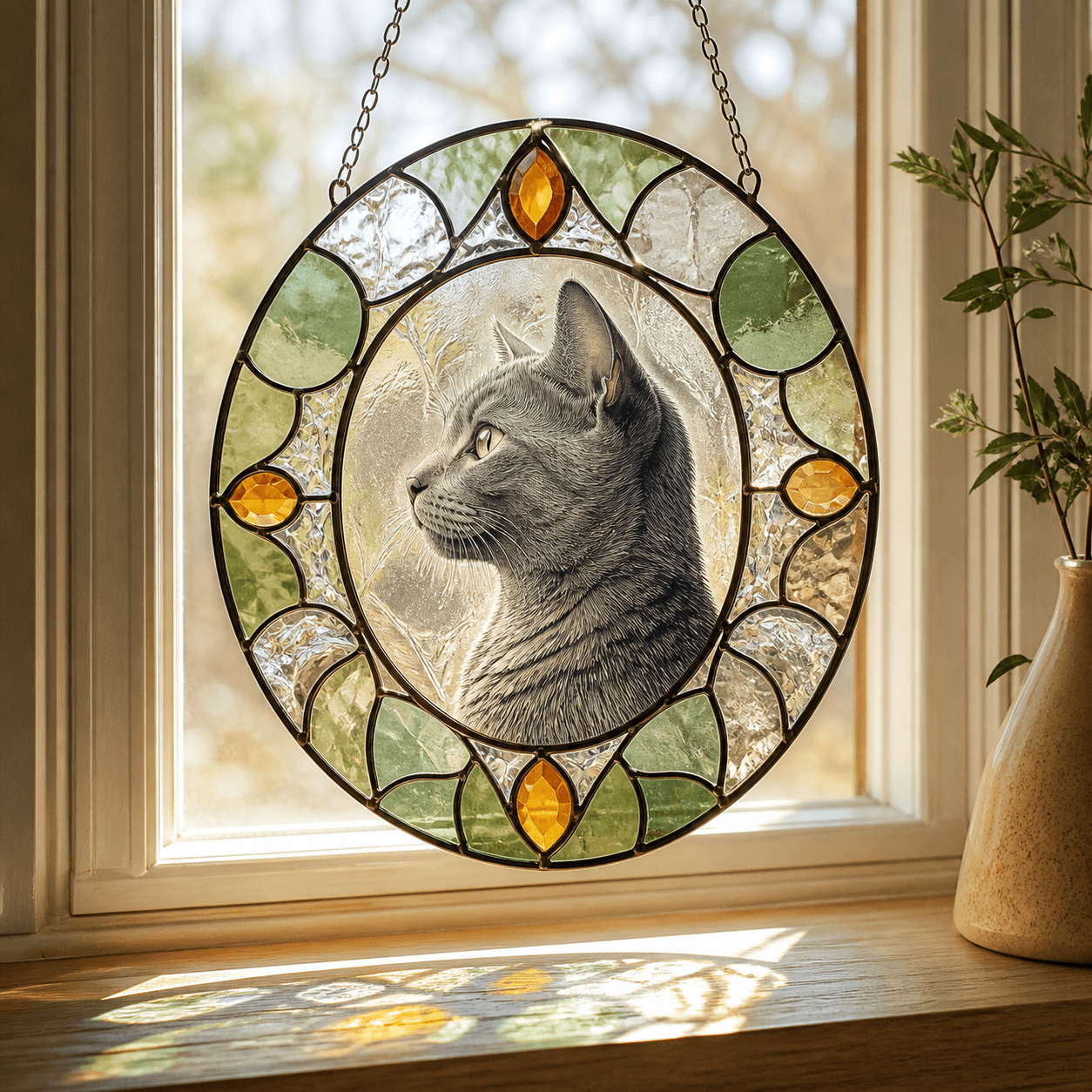 Illustrative Wagly mockup of a stained-glass style suncatcher with a pet portrait, hanging in a sunlit window