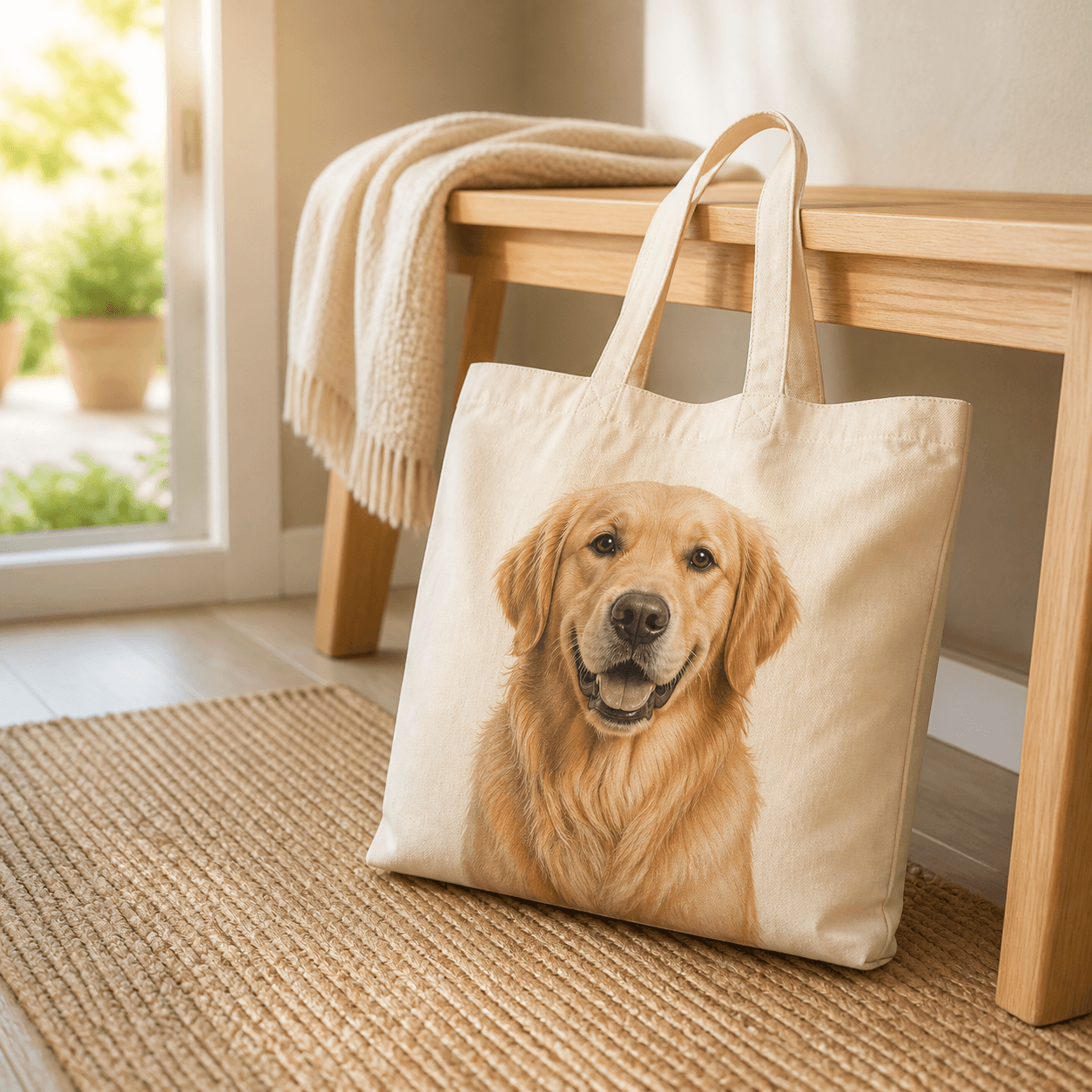 Illustrative Wagly mockup of a natural canvas tote bag printed with a pet portrait, leaning against a wooden bench