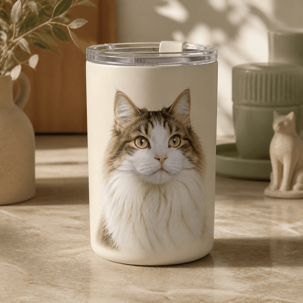 Illustrative Wagly mockup of an insulated tumbler printed with a pet portrait, styled on a kitchen counter