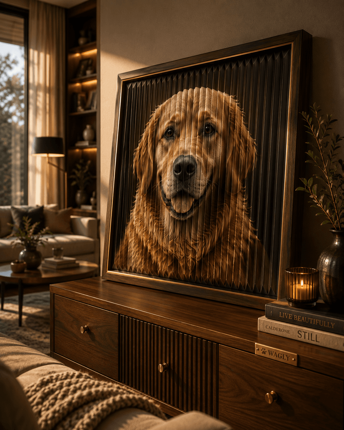 A living portrait piece capturing a dog's likeness in movement