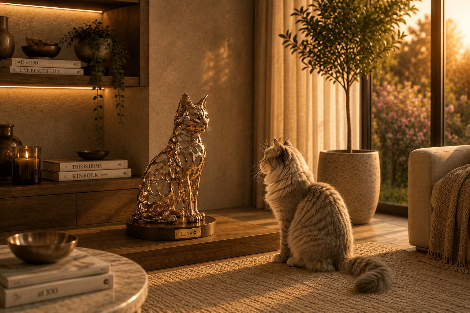 A sculptural gallery piece capturing a cat's form in motion