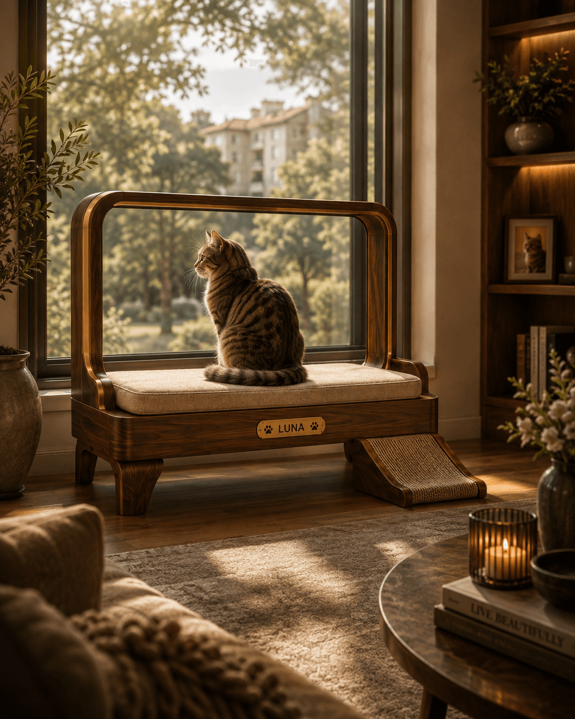 Wagly Window, a freestanding rest object for a cat by a window