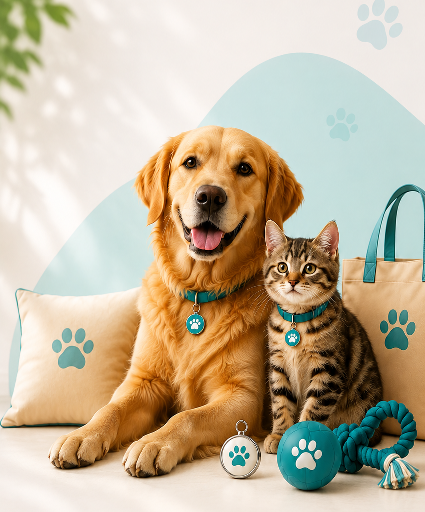 A golden retriever and kitten with Wagly-branded pet accessories